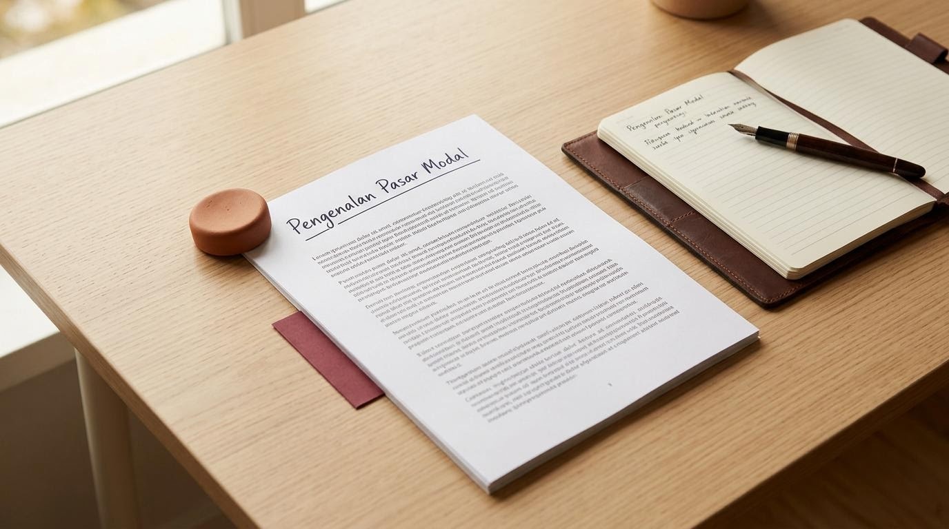 Ruang kerja editorial dengan dokumen tentang pasar modal Indonesia